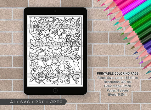 Floral Printable Coloring Page Bundle, PDF Colouring Book, Instant Download, CBP00024 SVG ETC Craft 