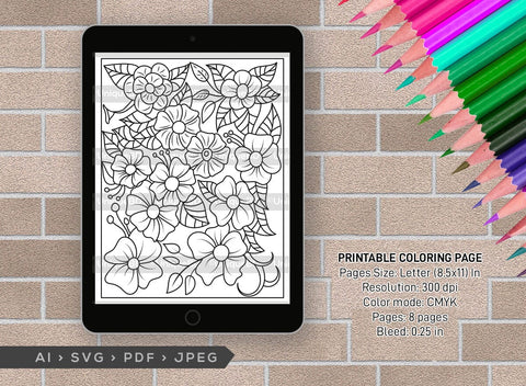 Floral Printable Coloring Page Bundle, PDF Colouring Book, Instant Download, CBP00024 SVG ETC Craft 