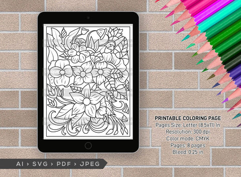 Floral Printable Coloring Page Bundle, PDF Colouring Book, Instant Download, CBP00024 SVG ETC Craft 
