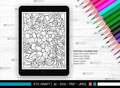 Floral Printable Coloring Page Cut File, PDF Colouring Book, Instant Download, CBP00024 SVG ETC Craft 