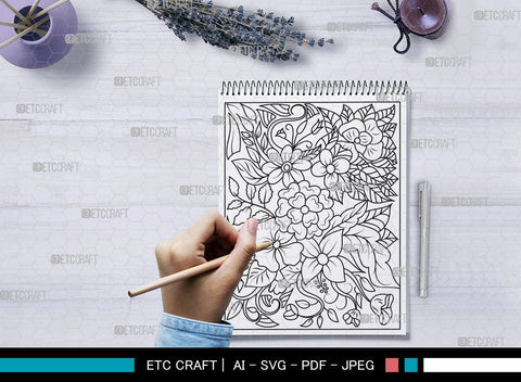 Floral Printable Coloring Page Cut File, PDF Colouring Book, Instant Download, CBP00024 SVG ETC Craft 