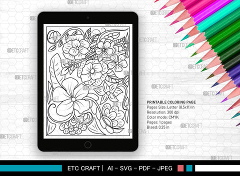 Floral Printable Coloring Page Cut File, PDF Colouring Book, Instant Download, CBP00024 SVG ETC Craft 