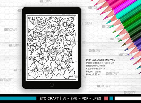 Floral Printable Coloring Page Cut File, PDF Colouring Book, Instant Download, CBP00024 SVG ETC Craft 