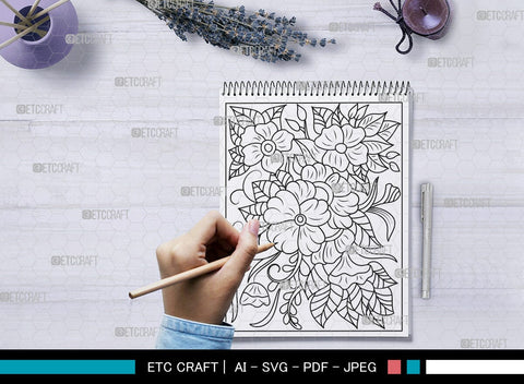 Floral Printable Coloring Page Cut File, PDF Colouring Book, Instant Download, CBP00024 SVG ETC Craft 
