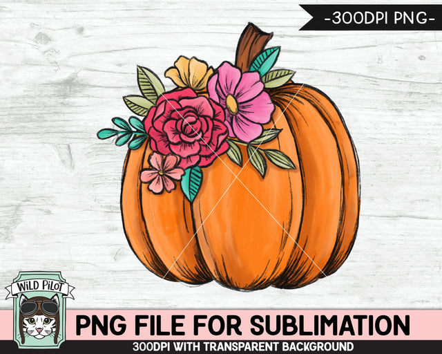 Floral Pumpkin SUBLIMATION design PNG, Flower Pumpkin png file, Flower Pumpkin sublimation designs, Fall png, Autumn png, Halloween png, Thanksgiving png Sublimation Wild Pilot 