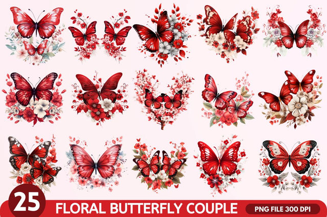 Floral Red Butterfly Couple Clipart Bundle Sublimation Regulrcrative 