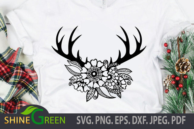 Floral Reindeer SVG, Christmas SVG Cut File with Hand Drawn Flower SVG Shine Green Art 