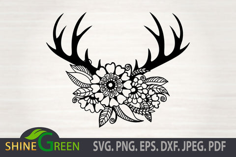 Floral Reindeer SVG, Christmas SVG Cut File with Hand Drawn Flower SVG Shine Green Art 