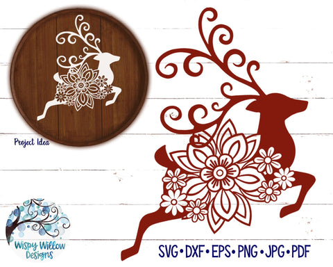 Floral Reindeer SVG | Reindeer Mandala | Christmas SVG Cut File SVG Wispy Willow Designs 