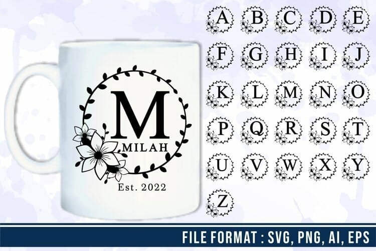 Floral Round Monogram Letters SVG Set A-Z, Flower Alphabet Monogram SVG ...