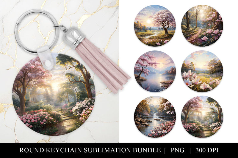 Floral Round Sublimation Design, Pink Magnolia Key Ring PNG Sublimation BijouBay 