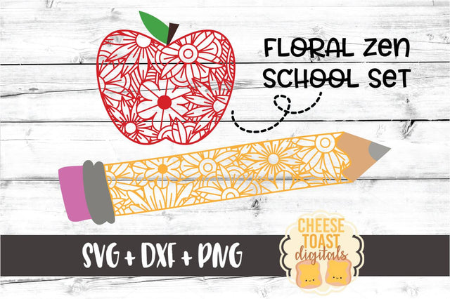Floral School Zen Doodle Set of 2 - Teacher SVG PNG DXF Cut Files SVG Cheese Toast Digitals 