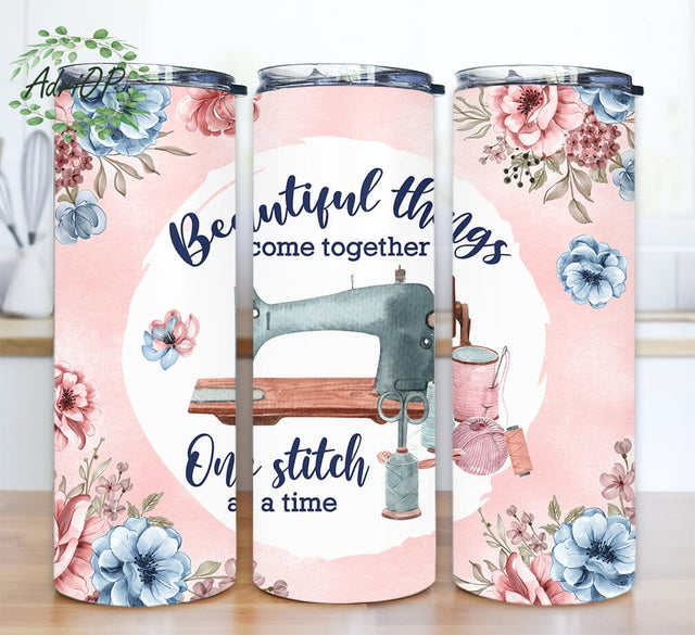 Floral Sewing Machine 20oz Skinny Tumbler Png, Sewing Machine Tumbler, Sewing Lover Tumbler, Craft Lover Gift for Women, Mom Life Tumbler Sublimation AdriOP 