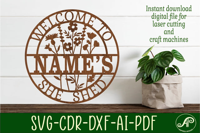 Floral she shed sign svg laser cut template SVG APInspireddesigns 