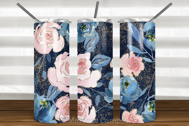 Floral Skinny Tumbler | Blush Pink and Navy Background Sublimation Marlene Campos 