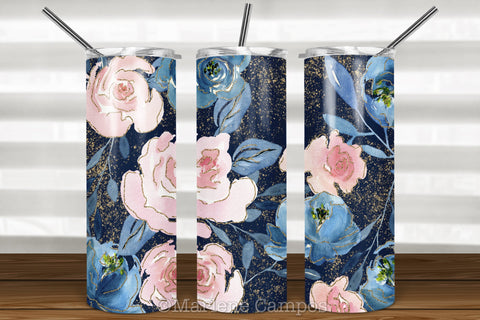 Floral Skinny Tumbler | Blush Pink and Navy Background Sublimation Marlene Campos 