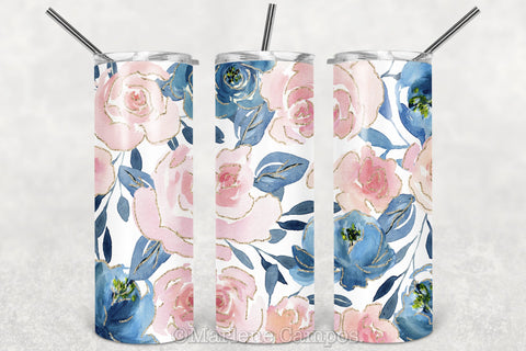 Floral Skinny Tumbler | Blush Pink and Navy Blue Design Sublimation Marlene Campos 