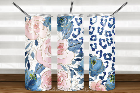 Floral Skinny Tumbler | Blush Pink and Navy | Blue Leopard Sublimation Marlene Campos 