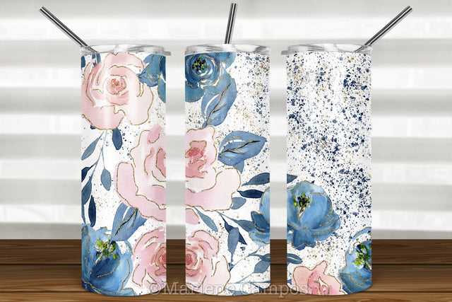 Floral Skinny Tumbler | Blush Pink and Navy | Blue Splatter Sublimation Marlene Campos 