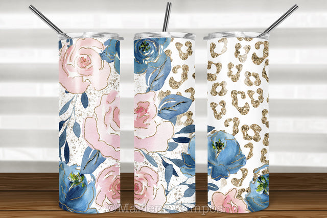 Floral Skinny Tumbler | Blush Pink and Navy | Gold Leopard Sublimation Marlene Campos 