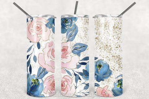 Floral Skinny Tumbler | Blush Pink and Navy | Gold Splatter Sublimation Marlene Campos 