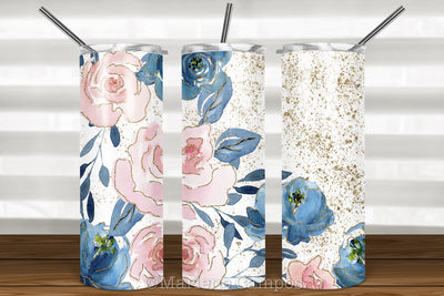 Floral Skinny Tumbler | Blush Pink and Navy | Gold Splatter Sublimation Marlene Campos 