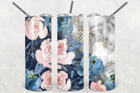 Floral Skinny Tumbler | Blush Pink and Navy | Marble, Navy Blue BG Sublimation Marlene Campos 