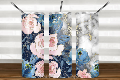 Floral Skinny Tumbler | Blush Pink and Navy | Marble, Navy Blue BG Sublimation Marlene Campos 