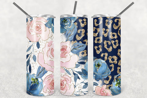 Floral Skinny Tumbler | Blush Pink and Navy | Navy Blue BG | Gold Leopard Sublimation Marlene Campos 