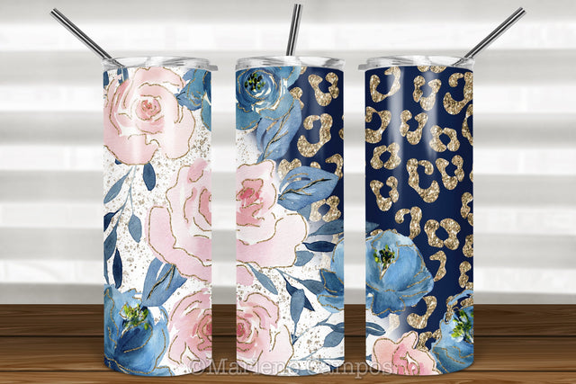 Floral Skinny Tumbler | Blush Pink and Navy | Navy Blue BG | Gold Leopard Sublimation Marlene Campos 