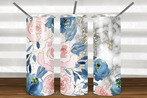 Floral Skinny Tumbler | Blush Pink and Navy | White Marble Sublimation Marlene Campos 