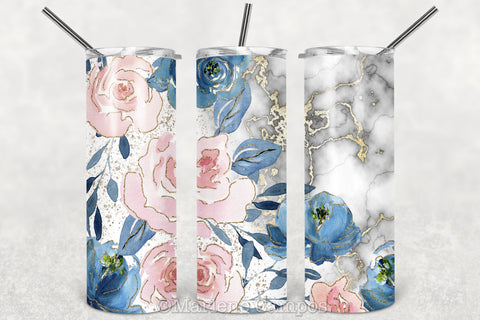 Floral Skinny Tumbler | Blush Pink and Navy | White Marble Sublimation Marlene Campos 