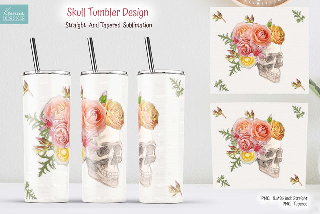 Floral Skull 20 Oz Skinny Tumbler Wrap. Day Of The Dead PNG Sublimation Kseniia designer 
