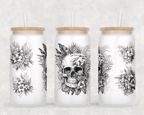 Floral Skull Libbey Glass Can Wraps, 16oz Glass Can Sublimation Designs, Skull And Flowers Glass Can PNG Files Sublimation HappyDesignStudio 