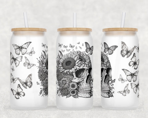 Floral Skull Libbey Glass Can Wraps, 16oz Glass Can Sublimation Designs, Skull And Flowers Glass Can PNG Files Sublimation HappyDesignStudio 