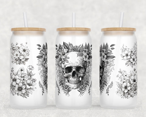 Floral Skull Libbey Glass Can Wraps, 16oz Glass Can Sublimation Designs, Skull And Flowers Glass Can PNG Files Sublimation HappyDesignStudio 