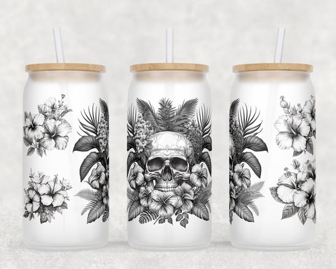 Floral Skull Libbey Glass Can Wraps, 16oz Glass Can Sublimation Designs, Skull And Flowers Glass Can PNG Files Sublimation HappyDesignStudio 
