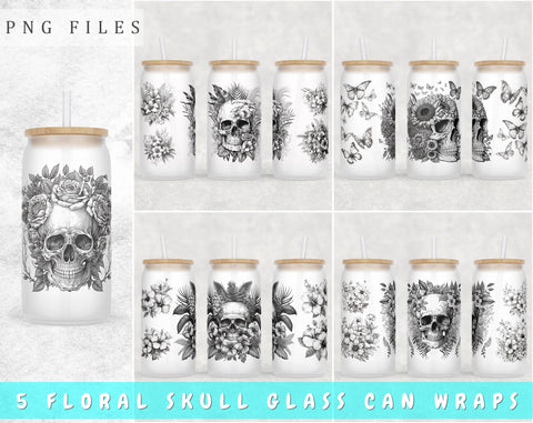 Floral Skull Libbey Glass Can Wraps, 16oz Glass Can Sublimation Designs, Skull And Flowers Glass Can PNG Files Sublimation HappyDesignStudio 
