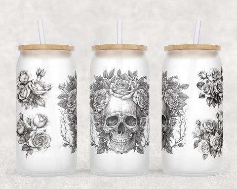 Floral Skull Libbey Glass Can Wraps, 16oz Glass Can Sublimation Designs, Skull And Flowers Glass Can PNG Files Sublimation HappyDesignStudio 