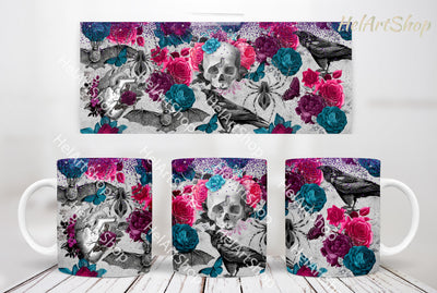 Floral Skull Mug PNG, Gothic Mug Png, 11Oz Mug Png Sublimation _HelArtShop_ 