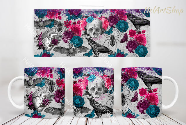 Floral Skull Mug PNG, Gothic Mug Png, 11Oz Mug Png Sublimation _HelArtShop_ 