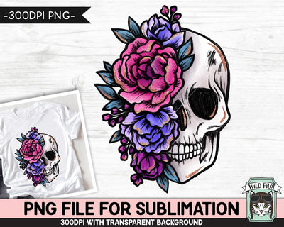 Floral Skull SUBLIMATION design PNG, Flower Skull png file, Skull flowers sublimation designs, Halloween Sublimation png, Pink Purple Skull Sublimation Wild Pilot 