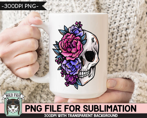 Floral Skull SUBLIMATION design PNG, Flower Skull png file, Skull flowers sublimation designs, Halloween Sublimation png, Pink Purple Skull Sublimation Wild Pilot 