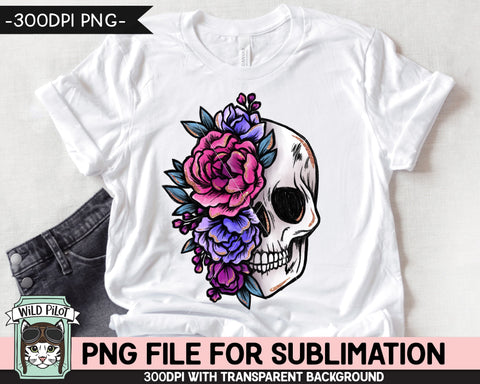 Floral Skull SUBLIMATION design PNG, Flower Skull png file, Skull flowers sublimation designs, Halloween Sublimation png, Pink Purple Skull Sublimation Wild Pilot 