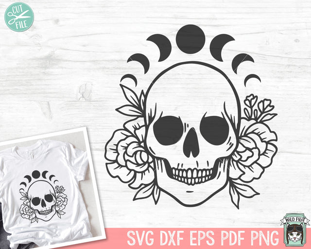 Floral Skull SVG, Flower Skull SVG, Moon SVG, Mystical svg, Skull png, Halloween svg, Gothic svg, Witchy svg, floral skull png, Goth svg SVG Wild Pilot 
