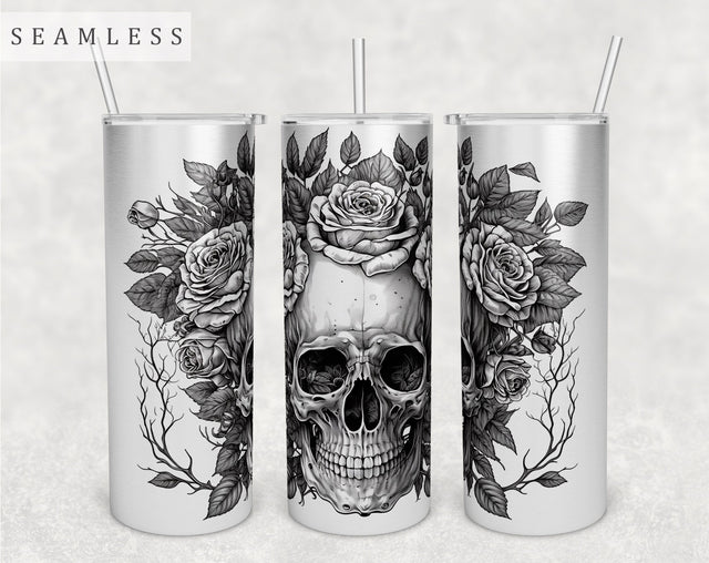 Floral Skull Tumbler Wrap, 20 Oz Skinny Tumbler Sublimation Design, Seamless Skull And Roses Tumbler PNG Sublimation HappyDesignStudio 
