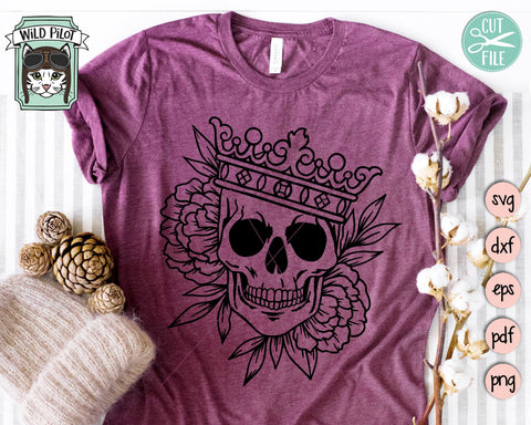 Floral Skull with Crown svg file, Crown Skull Flowers svg, Skull cut file, Queen King Skull svg file, halloween svg, Steampunk svg, gothic svg, witchy svg SVG Wild Pilot 