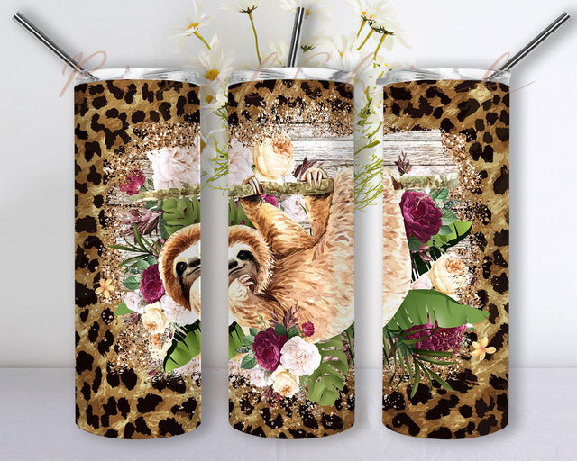 Floral Sloth Tumbler wrap, Digital Sublimation design, Sloth Digital Design, Floral Digital Tumbler, Instant Download, Leopard Sloth Tumbler Sublimation PixelChick 