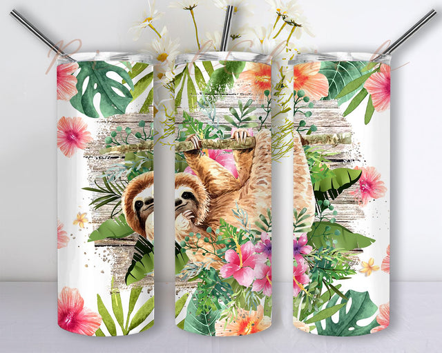 Floral Sloth Tumbler wrap, Digital Sublimation design, Sloth Digital Design, Floral Digital Tumbler, Instant Download, Little Sloth Tumbler Sublimation PixelChick 