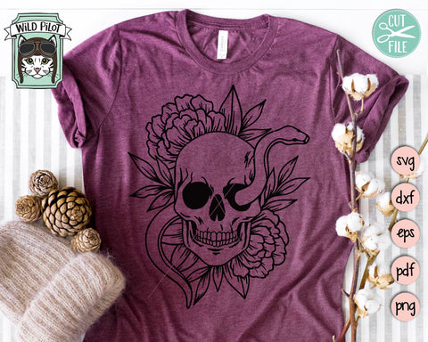 Floral Snake Skull svg file, Flower Skull svg, Skull cut file, Floral Skull svg file, Snake Skull Svg file, halloween svg, gothic svg, witchy svg SVG Wild Pilot 